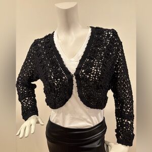 Vintage Y2K Black Crochet Floral Women’s Sparkly Bolero Shrug Sweater, Medium